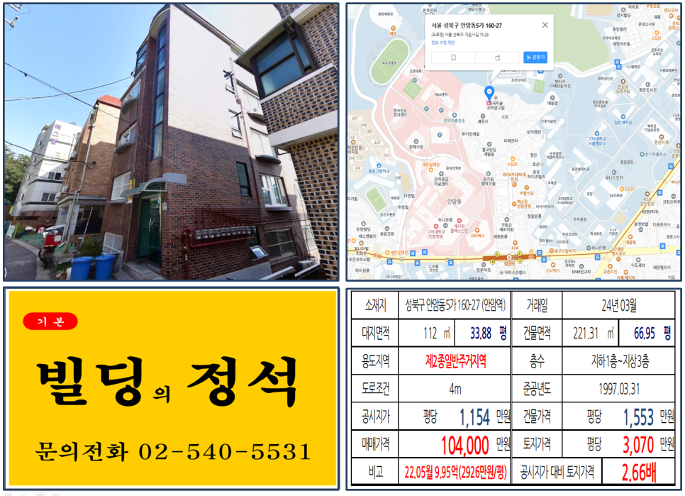 성북구 안암동5가 160-27번지 건물이 2024년 03월 매매 되었습니다.