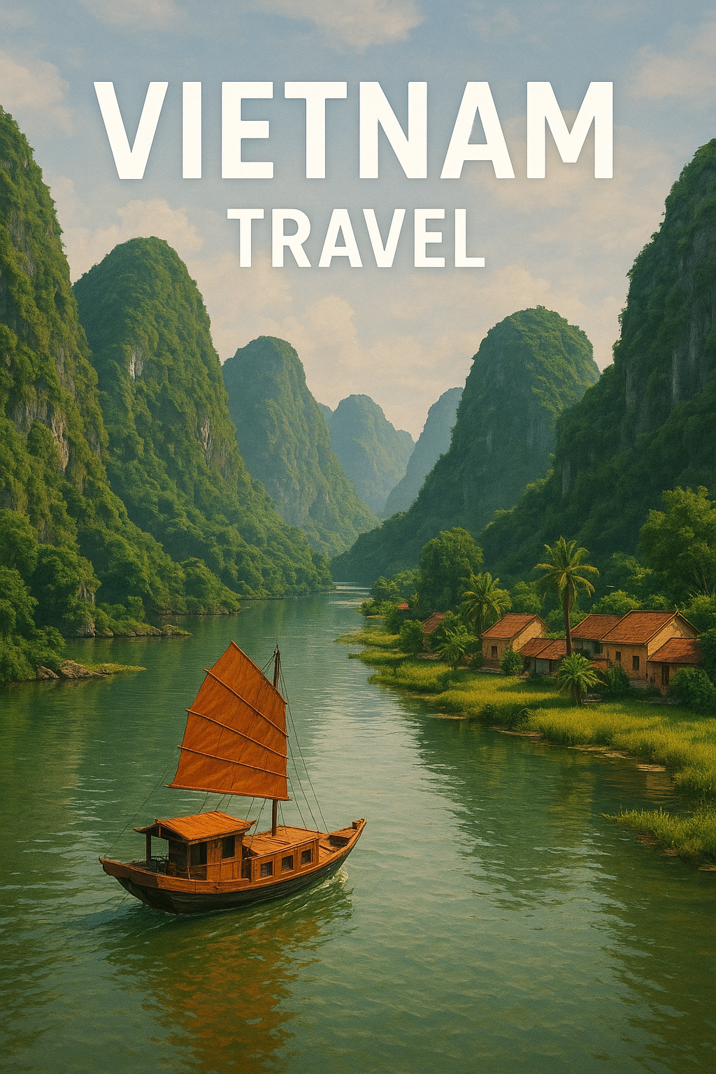 베트남(Vietnam)의 닌빈(Ninh Bình) 지방을 흐르는 평화로운 강 위로 전통 목선이 떠 있고, 주변에는 석회암 절벽과 열대 마을 풍경이 어우러져 베트남(Vietnam)의 전통적이고 목가적인 분위기를 잘 보여줍니다.