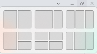 스냅 레이아웃을 사용하려면 먼저 레이아웃에 넣으려는 애플리케이션을 연 다음&#44; 창 오른쪽 상단의 최소화 아이콘과 닫기 아이콘 사이에 있는 애플리케이션 최대화 아이콘 위로 마우스를 올리면 레이아웃 옵션이 있는 패널이 나타납니다. 원하는 레이아웃과 애플리케이션을 배치할 위치를 선택하면 앱 창이 해당 위치로 고정됩니다.