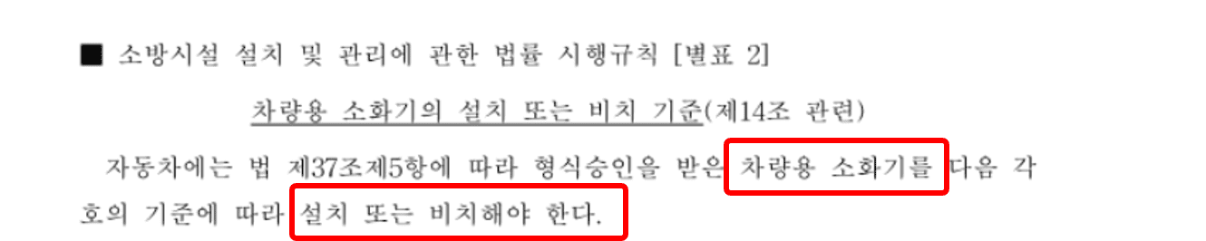 차량용 소화기 의무화에 대한 법률 지침 안내 설명