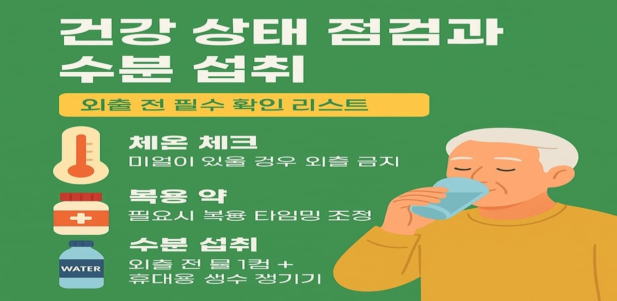 “건강 상태 점검과 수분 섭취 유의사항을 안내하는 인포그래픽 이미지”