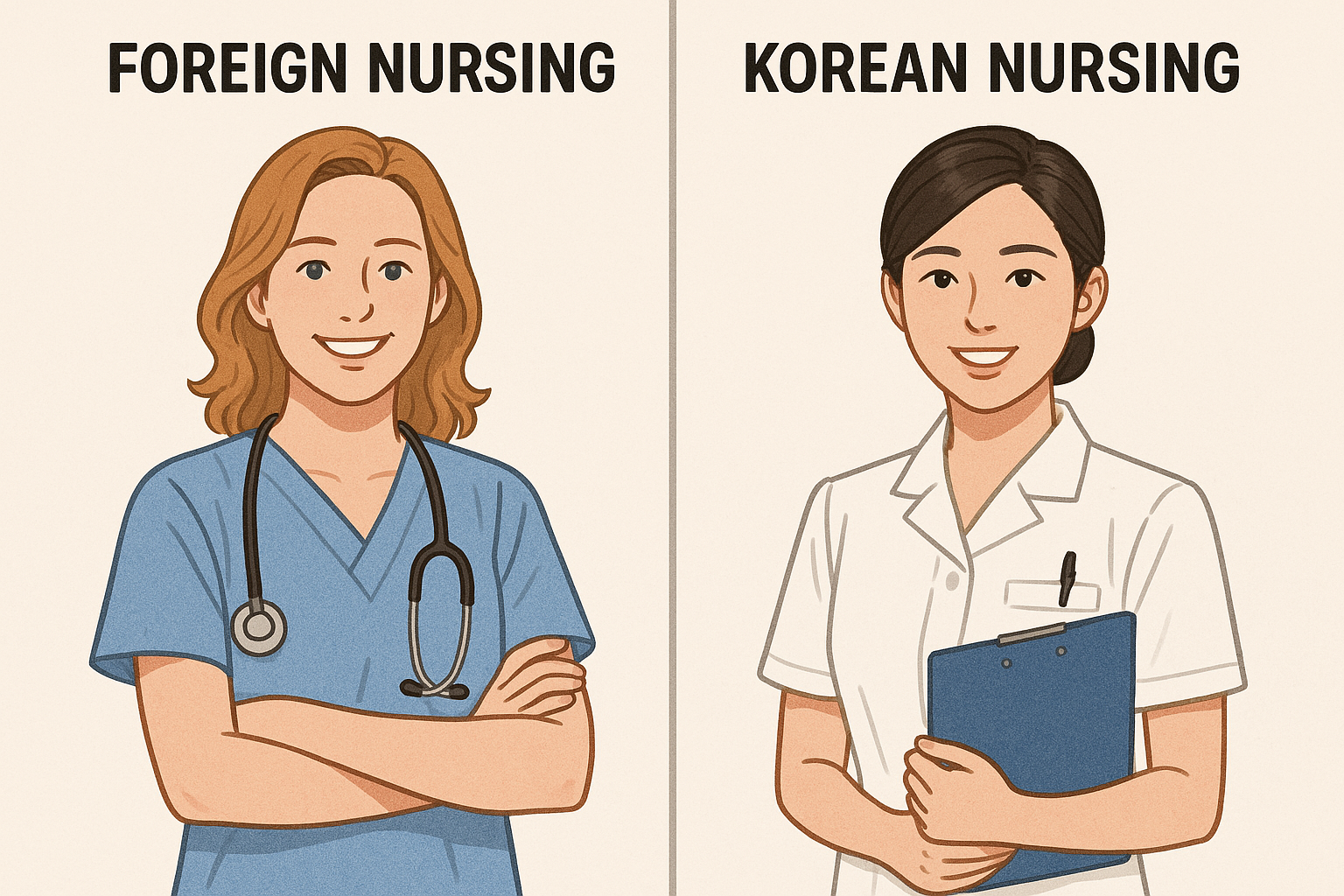 외국 간호(미국, 일본, 호주)와 대한민국 간호를 비교하는 일러스트 이미지