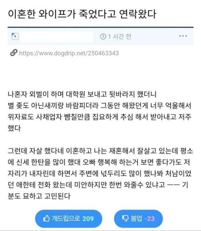  이혼한 와이프가 죽었다고 연락왔다..