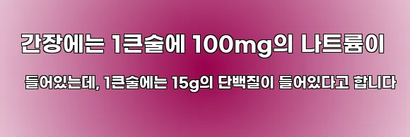  간장에는 1큰술에 100mg의 나트륨이 들어있는데, 1큰술에는 15g의 단백질이 들어있다고 합니다
