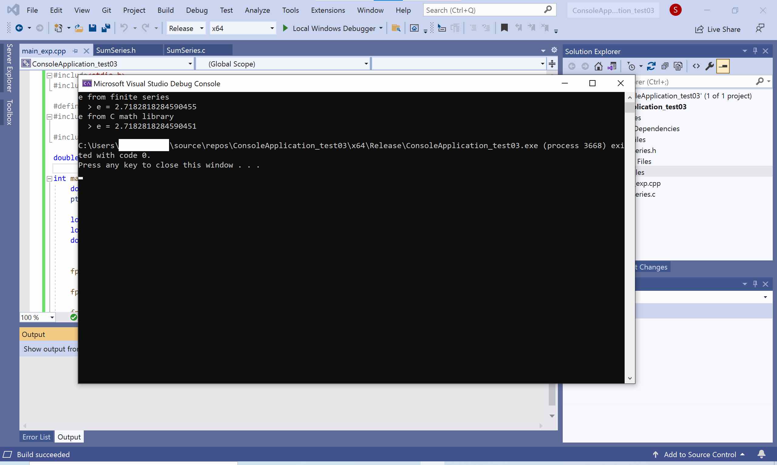 screenshot of Visual Studio 2019, showing execution of the sample program to compute Euler's number