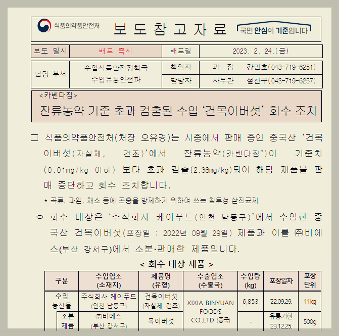 식약처 보도자료 수입 목이버섯 잔류농약 기준 초과 검출