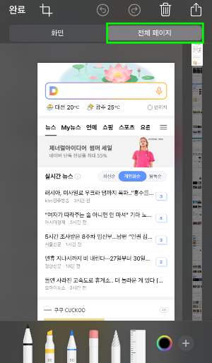 아이폰 캡쳐 후 미리보기 화면에서 전체 페이지 선택하기