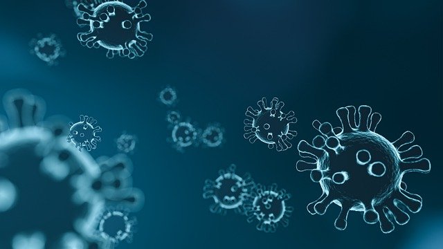 푸른 색의 코로나 바이러스를 표현한 사진