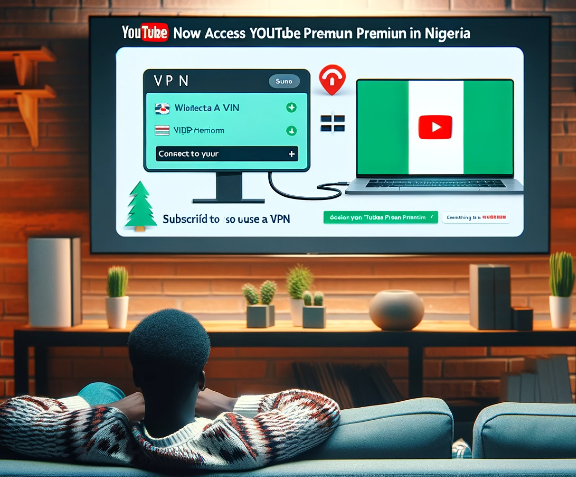 티비화면에 VPN과 나이지리아 국기가 표현되어 있고 그걸 보고 있는 나이지리아 남성의 모습