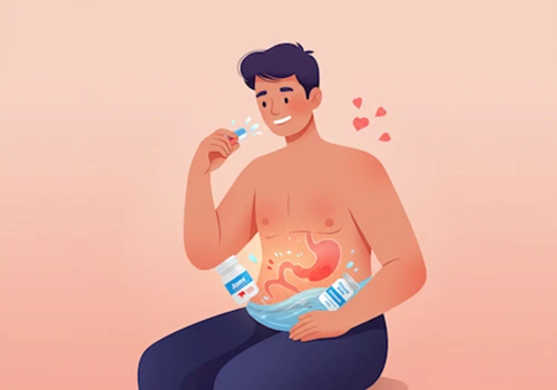  관절염 약과 위장 보호제를 함께 복용한 후 속이 편안해져 미소 짓는 인물을 그린 부드러운 디지털 일러스트