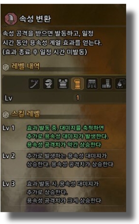 속성 변환 스킬 설명
속성 공격 받으면 발동, 지속 시간동안 용속성 피해 생성