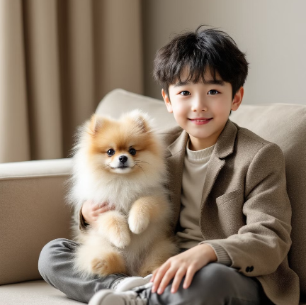 어린 아이와 강아지가 함께 있는 모습 사진 