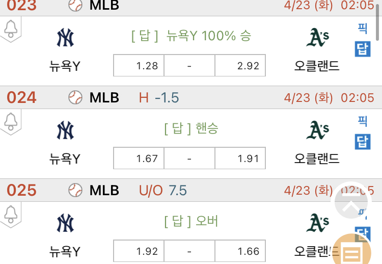[진짜총판] 4월23일 뉴욕양키스 VS 오클랜드 미국야구분석