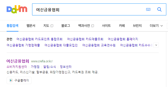 다음사이트 여신금융협회 검색 화면