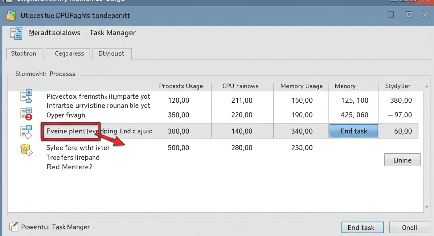 (Image Prompt: Screenshot of the Windows Task Manager showing CPU and Memory usage columns, with one problematic process highlighted. An arrow points to the 'End task' button. Style: Informative UI screenshot.)