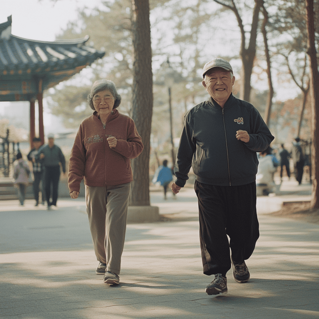 공원에서 함께 걷기 운동을 하며 미소 짓는 노년 부부의 모습. 치매 예방과 건강한 생활을 위한 규칙적인 운동을 강조하는 이미지.