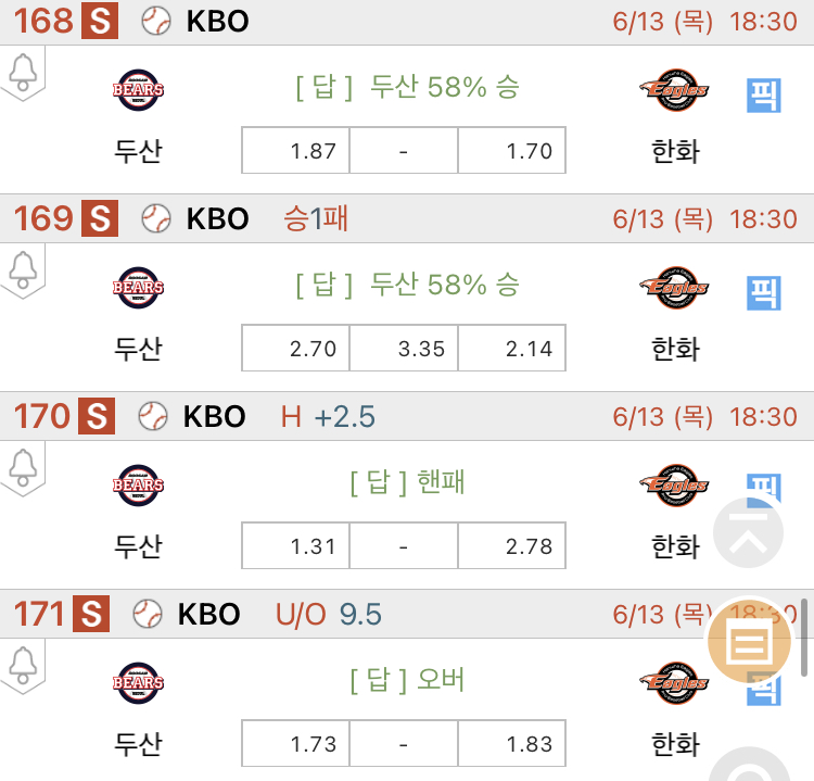 [진짜총판] 6월13일 두산 VS 한화 야구분석