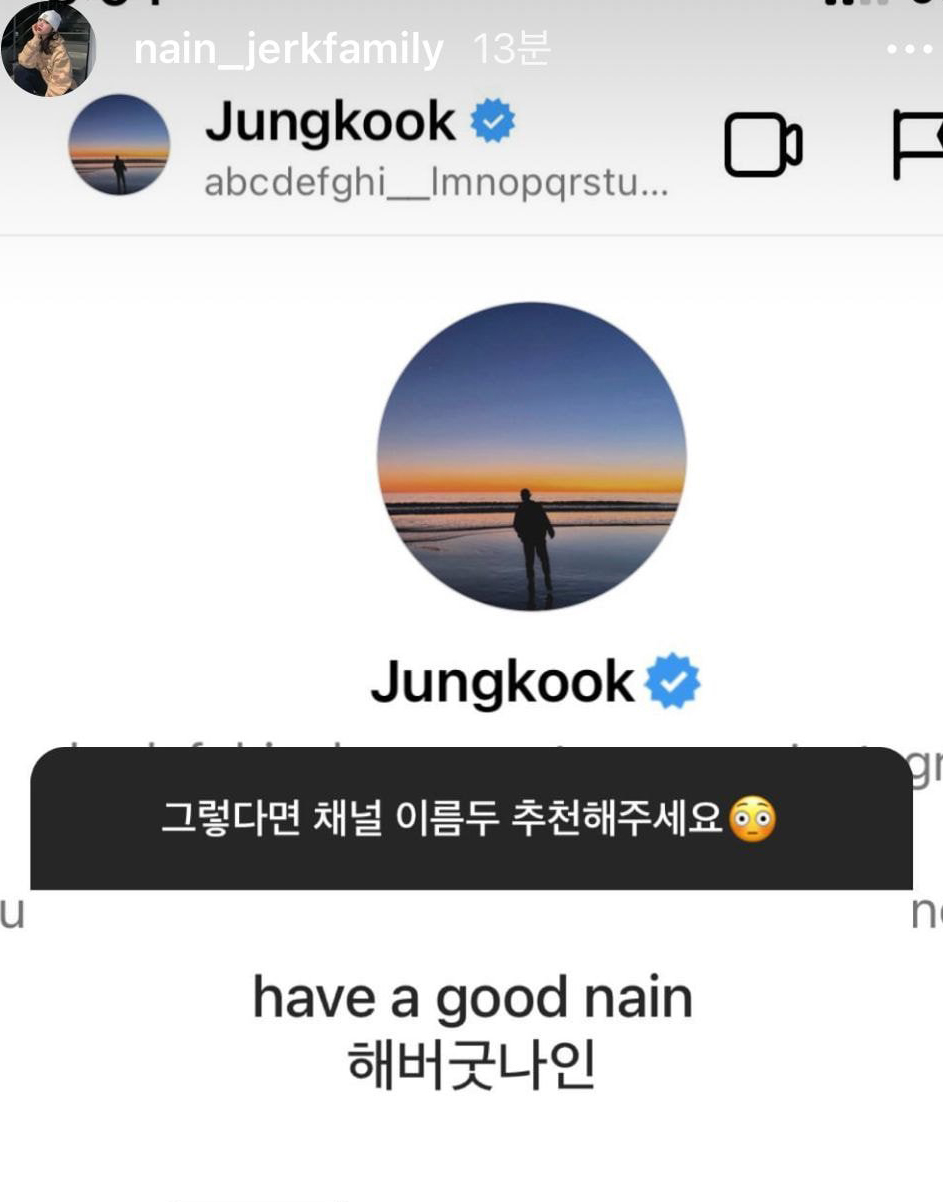  해버굿나인, 방탄 정국 추천해준 조나인 유튜브 채널명