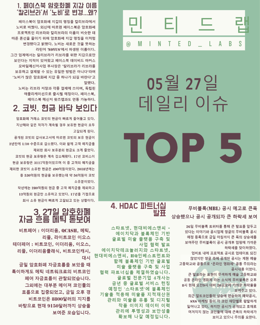  [코인 뉴스] 무비블록 공시 공개 후 덤핑, 페이스북 칼리브라 지갑 노비로 변경 외