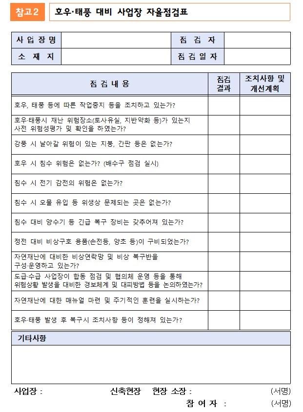 호우 태풍피해 대비 예방 매뉴얼 자율점검표