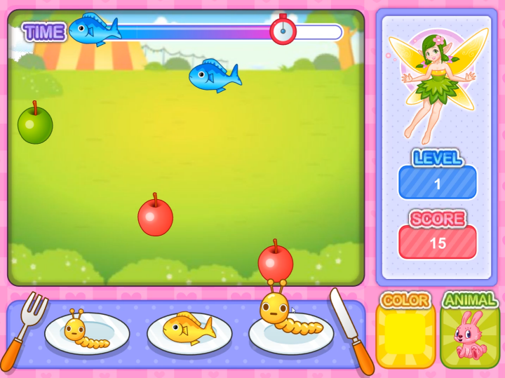 체리의-생일파티-초급-플래시게임-플레이-배고픈-토끼를-위해-노란색깔-음식을-접시-위에-올려놓는-화면
