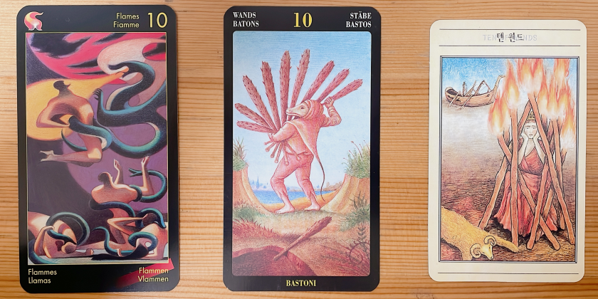 Ten of wands tarot 타로 10번 완드 카드 의미 상징