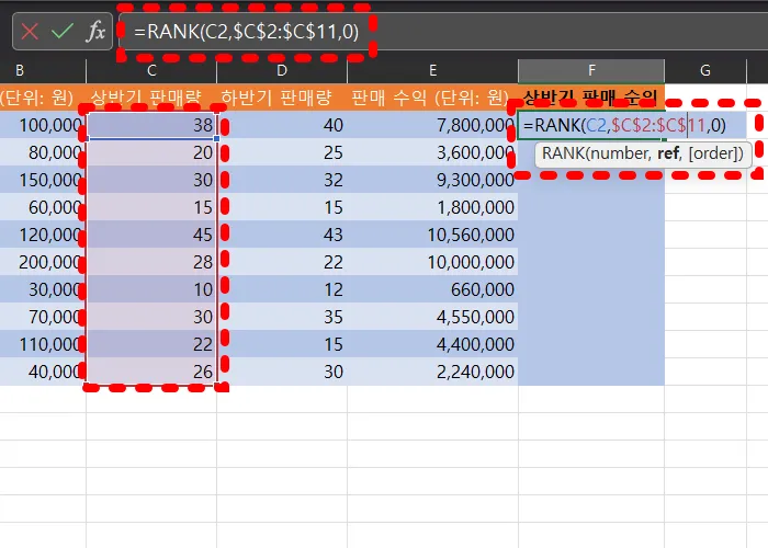 엑셀 rank 함수 예시6