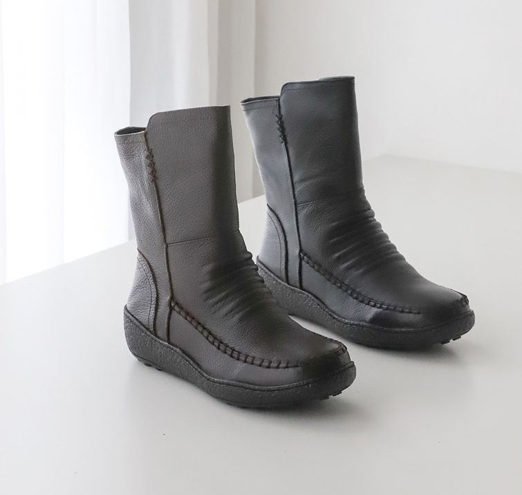  소가죽 셔링 바닥제외 안감기모 4.5cm 미들부츠