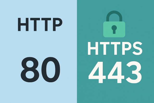 HTTP와 HTTPS의 기본 포트 번호를 비교한 그림 – 왼쪽은 하늘색 배경에 "HTTP"와 포트 번호 "80"이 표시되고, 오른쪽은 초록색 배경에 "HTTPS", 자물쇠 아이콘, 포트 번호 "443"이 함께 배치되어 보안 여부와 포트 차이를 시각적으로 표현함.