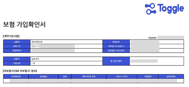 혹시나 해서 가입했던 토글의 삼성화재 해외여행보험