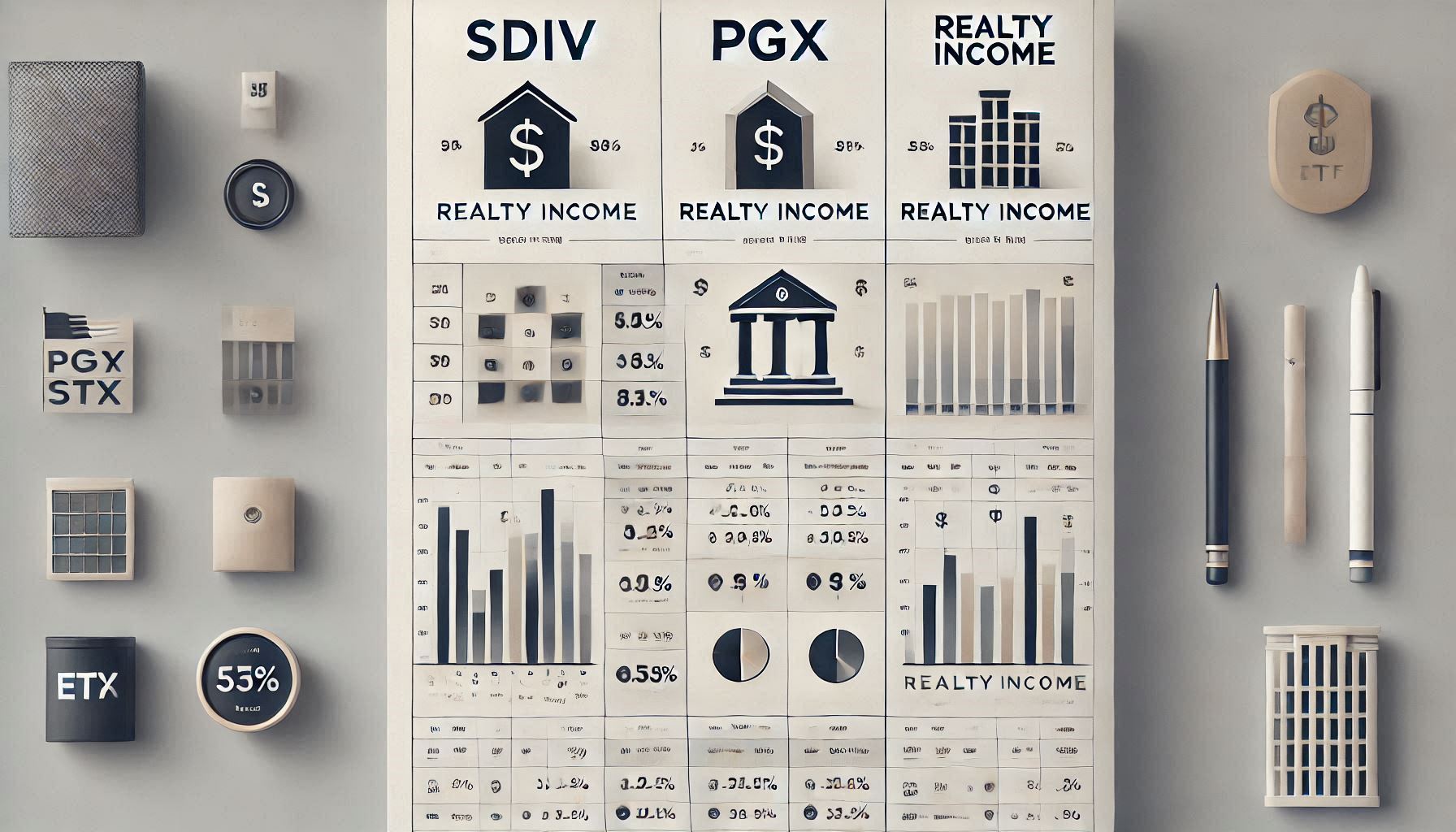 SDIV, PGX, Realty Income의 주요 특징 비교표 
 - 각 ETF의 배당 수익률과 자산군을 비교한 테이블 스타일 디자인