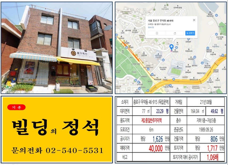  [종로구 3호선 역세권 4억 꼬마빌딩 실거래가 조회] 무악동 46-915 (독립문역) 4억 원, 평당 1,717만 원 매매되었습니다.