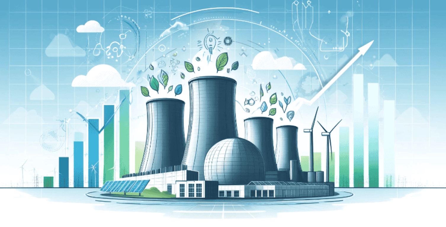 2024년 원자력 발전의 성장을 주제로 한 가로로 긴 썸네일 이미지. 현대적인 원자력 발전소가 배경에 있고, 냉각탑과 터빈이 보입니다. 상승하는 그래프와 함께 풍력 터빈과 태양광 패널 같은 재생 가능 에너지의 상징이 포함되어 있습니다. 청록색, 녹색, 흰색의 밝은 색상 조합을 사용한 깨끗하고 전문적인 디자인입니다.