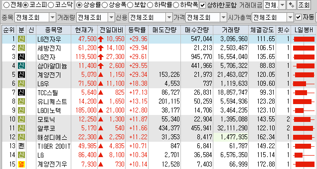  12월23일 코스피 코스닥 상한가 포함 상승률 상위 종목 TOP 100