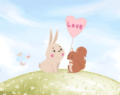 언덕 위에 하트 풍선을 들고 있는 다람쥐와 볼이 빨개진 토끼가 있는 그림 일러스트