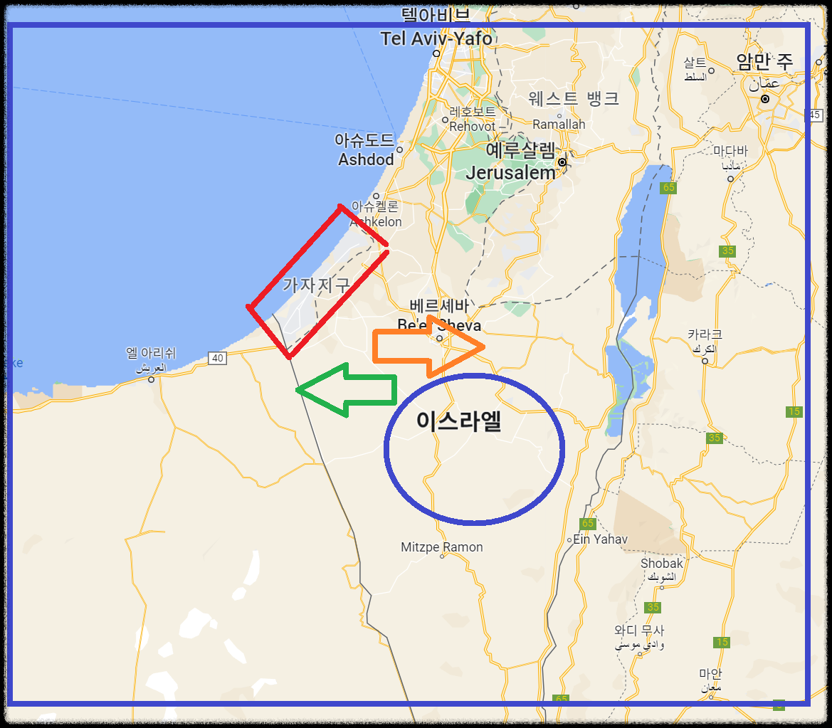 지도로 보는 가자지구와 이스라엘 위치. 사진=구글 지도 이하