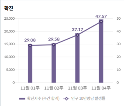 코로나 확진자수 증가를 나타나낸 그래프