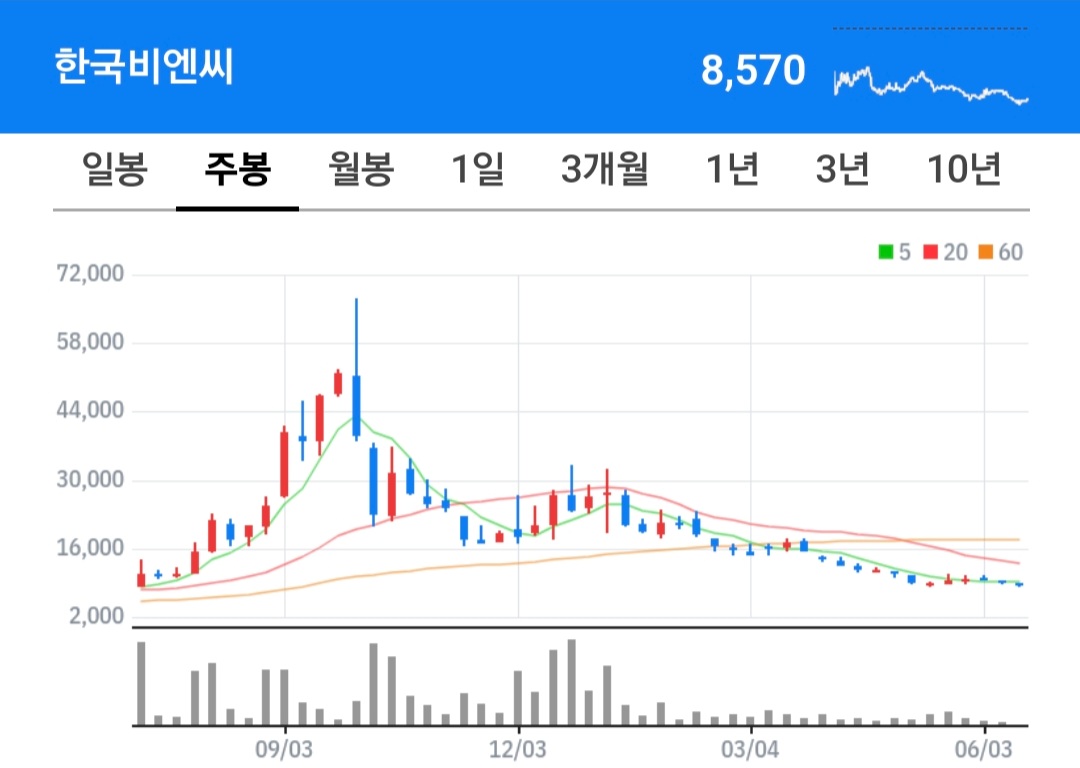 한국비엔씨 주식 차트