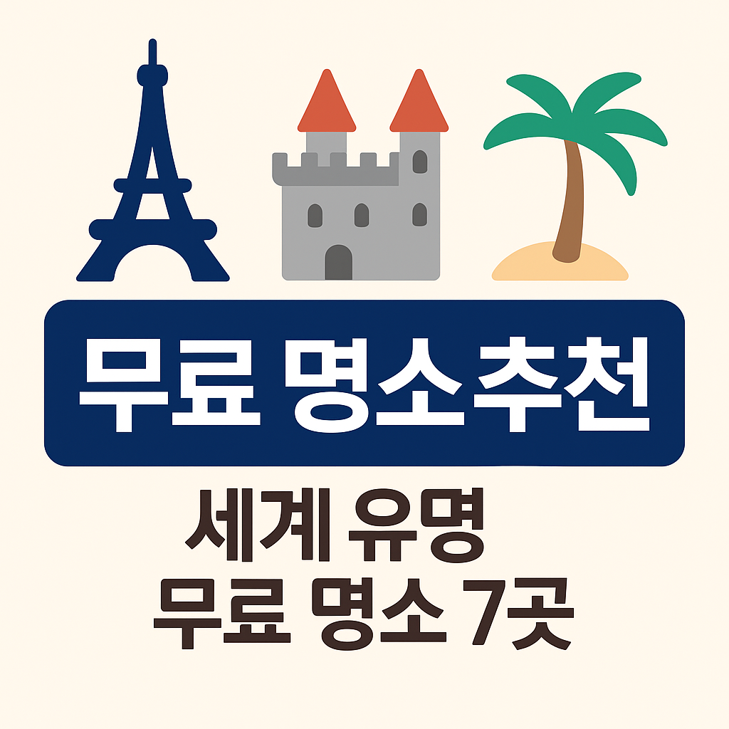 세계 유명 무료 명소 7곳을 소개하는 정보형 썸네일로, 에펠탑·고성·야자수가 함께 그려진 아이콘과 ‘무료 명소 추천’ 제목이 강조된 디자인