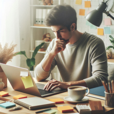 책상 앞에서 턱을 괴고 노트북을 바라보는 남성, 포스트잇이 가득한 공간