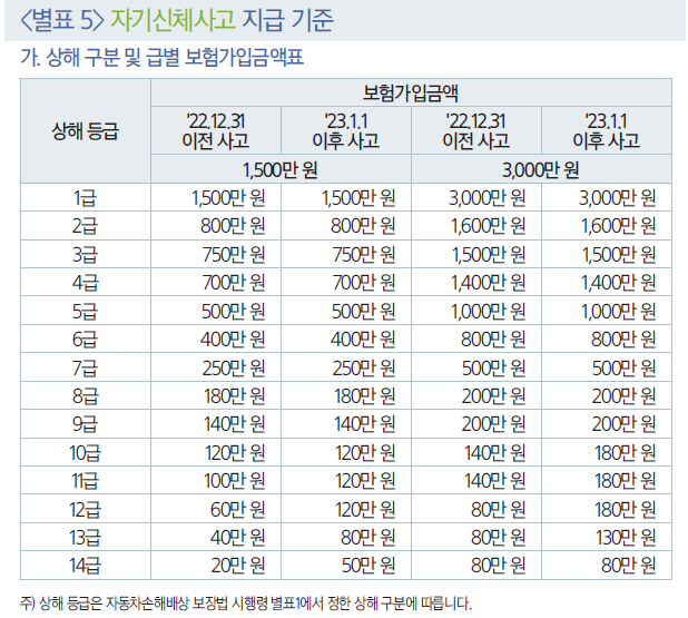 자동차종합보험 자기신체사고 보험가입금액표