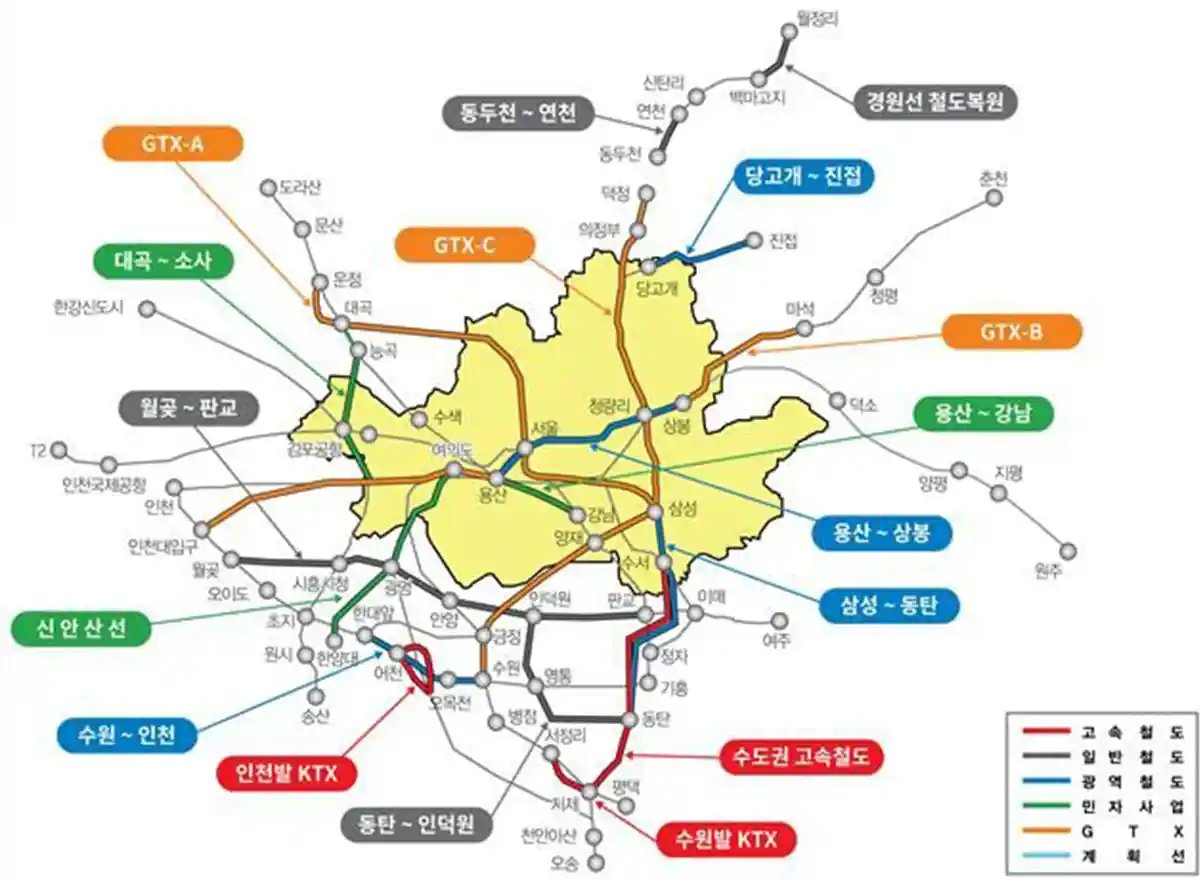 대곡~소사노선-GTX-A노선-신안산선노선-경원선노선-지도