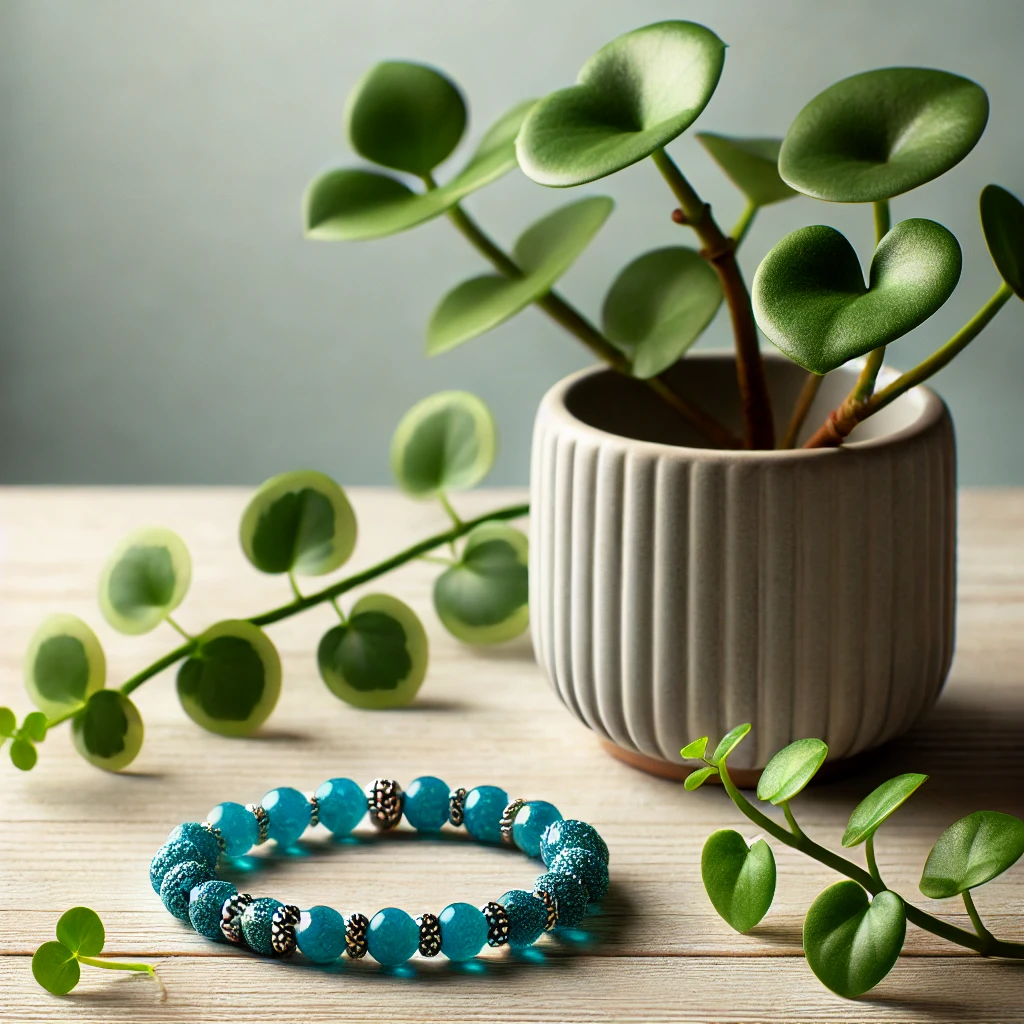 DALL·E 2024-11-26 23.21.42 - A calming setup featuring a blue stone bracelet with shimmering beads placed on a light wooden table, next to a small potted plant in a white ceramic .webp