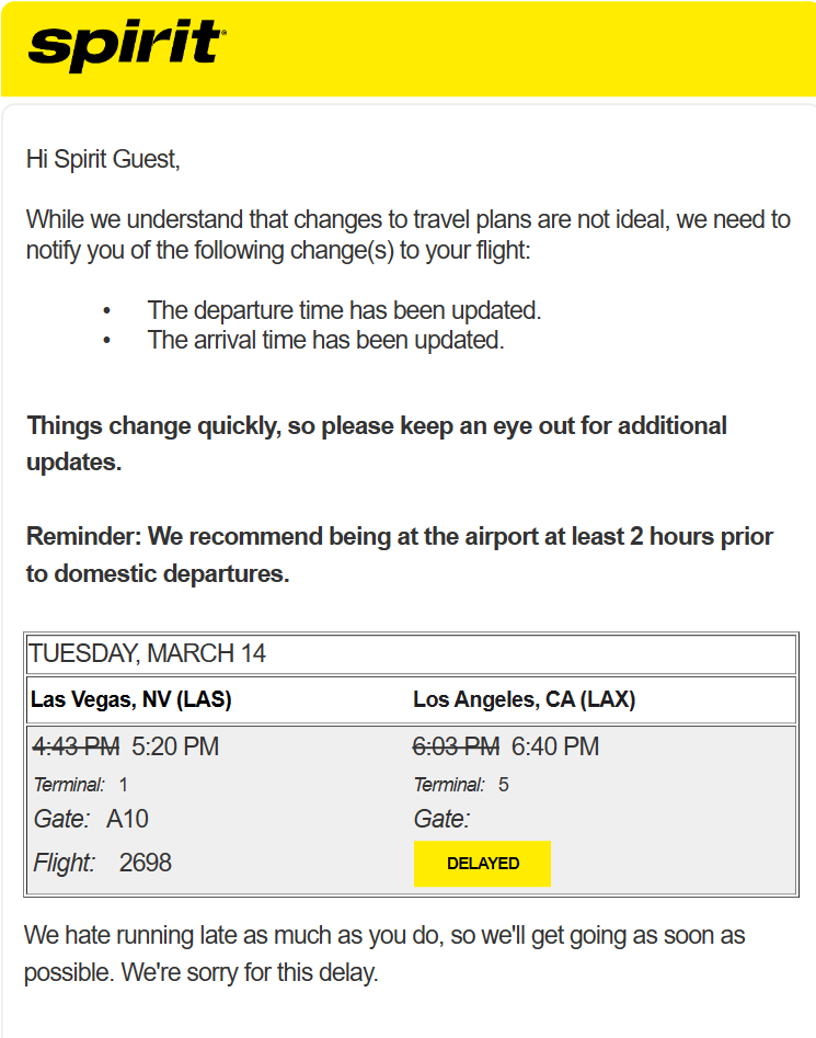 스피릿 항공의 지연 안내 메일1