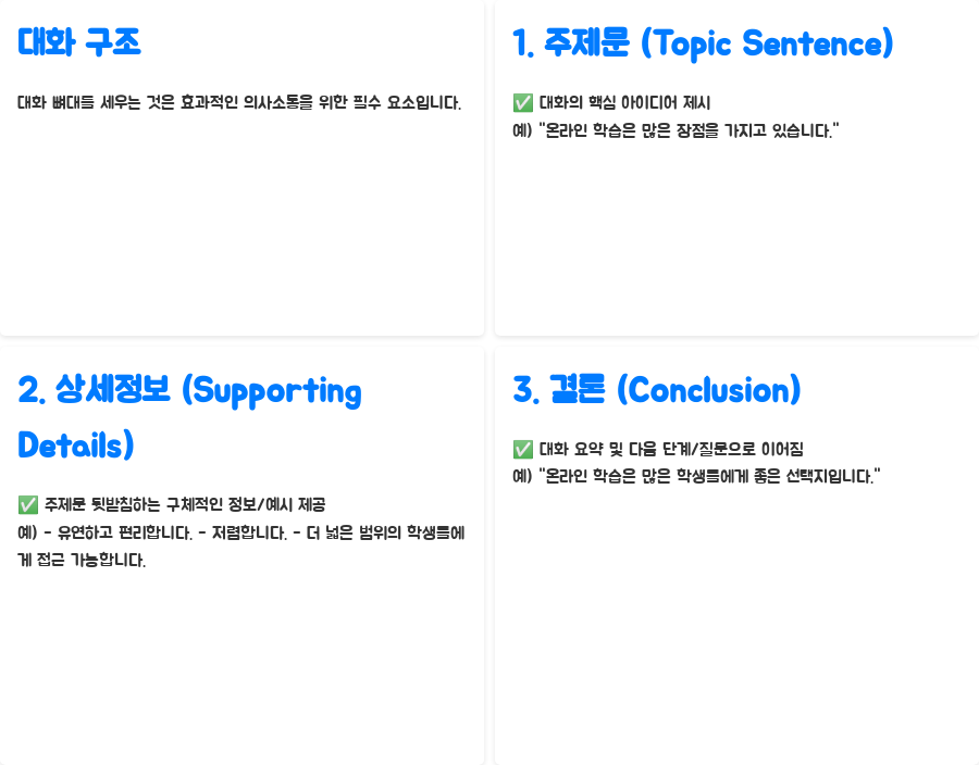 영어강의: 자신감 넘치는 대화 쓰기 비법 공개! - 영어 대화 구조 잡기: 탄탄한 기본기가 중요해요! - 대화의 뼈대를 세우는 구조, 어떻게 구성해야 할까요? 영어강의: 자신감 넘치는 대화 쓰기 비법 공개! - 영어 대화 구조 잡기: 탄탄한 기본기가 중요해요! - 대화의 뼈대를 세우는 구조, 어떻게 구성해야 할까요?