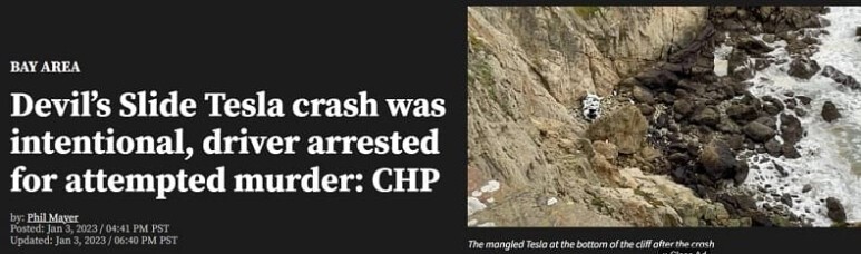 절벽 90m에서 추락한 테슬라...4명 모두 기적적 생존...그러나 VIDEO: Tesla plunges 250 ft. off cliff in CA&#44; 4 passengers injured