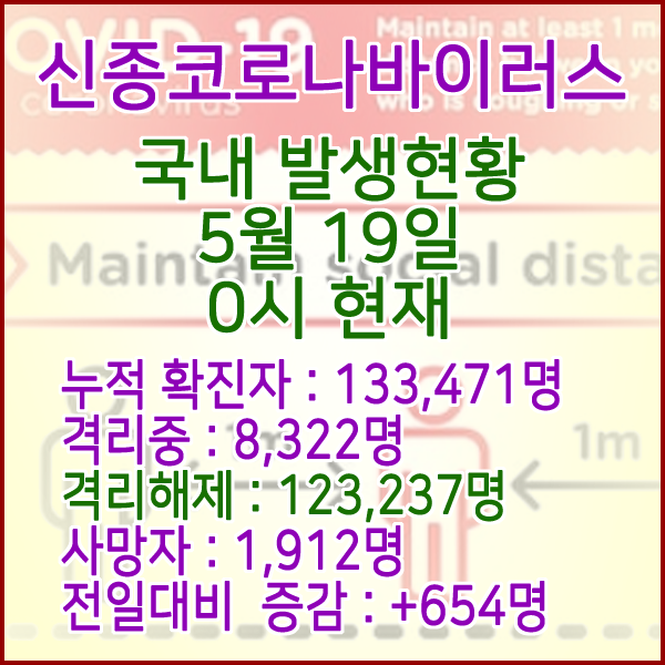  코로나19(코로나바이러스) 5월 19일 0시 국내(해외포함) 발병 133,471명 / 123,237명 완치 격리해제 / 사망자 1,912명