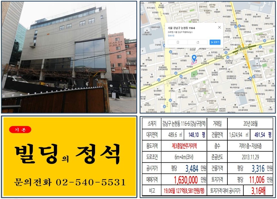  [강남구 세관사거리 160억 꼬마빌딩 실거래가 조회] 논현동 116-6 (강남구청역) 163억 원, 평당 1억 1,006만 원 매매되었습니다.