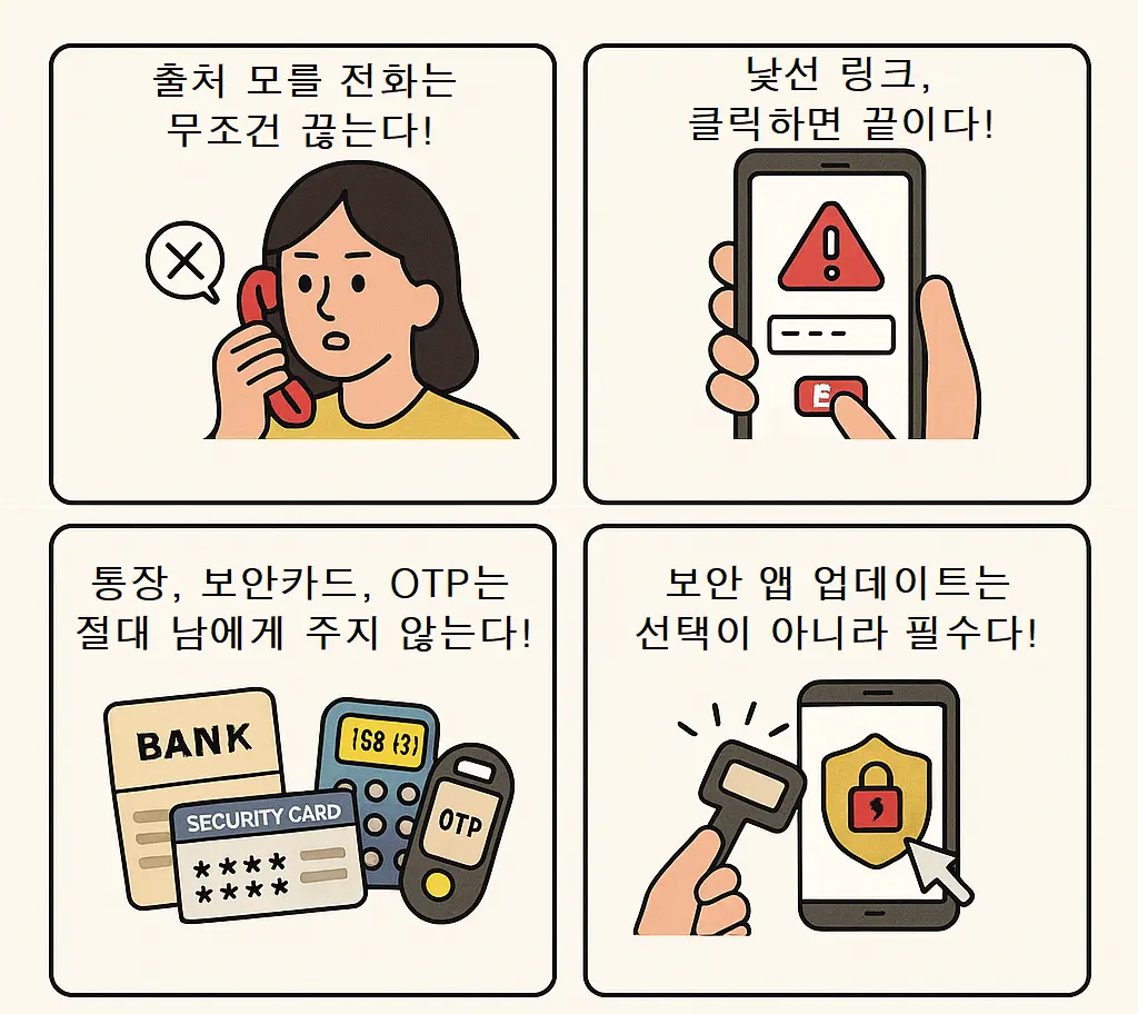 금융사기 예방을 위한 4가지 핵심 행동 체크리스트: 출처 불명 전화 끊기, 문자 링크 클릭 금지, 통장·보안카드·OTP 보호, 보안 앱 업데이트를 강조한 4컷 웹툰