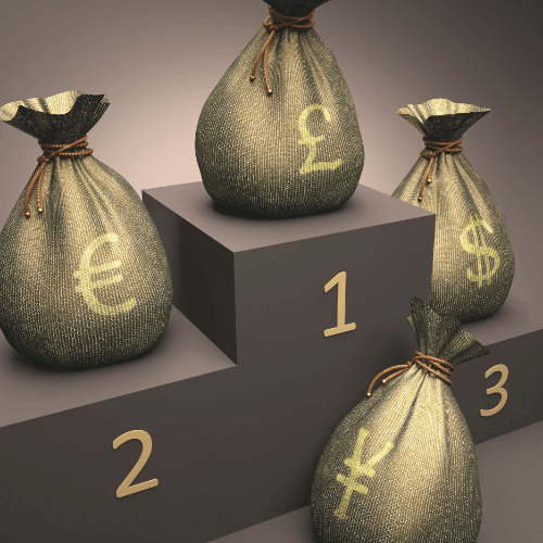 세계통화-달러-파운드-유로-일본엔이-황금색자루에-담겨서-시상식계단에-놓여있는모습